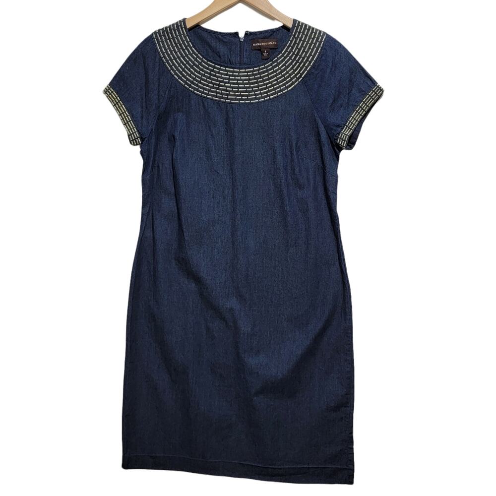 Dana Buchman Denim Sheath Dress Gold Metallic Embroidery Classic Size 8